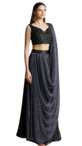 Beaded Black & Navy Pre-Draped Skirt Sari - Preserve