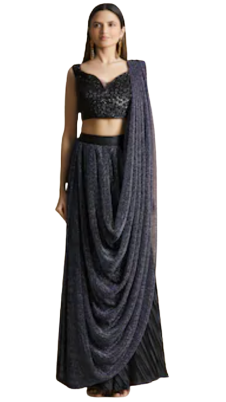 Beaded Black & Navy Pre-Draped Skirt Sari - Preserve