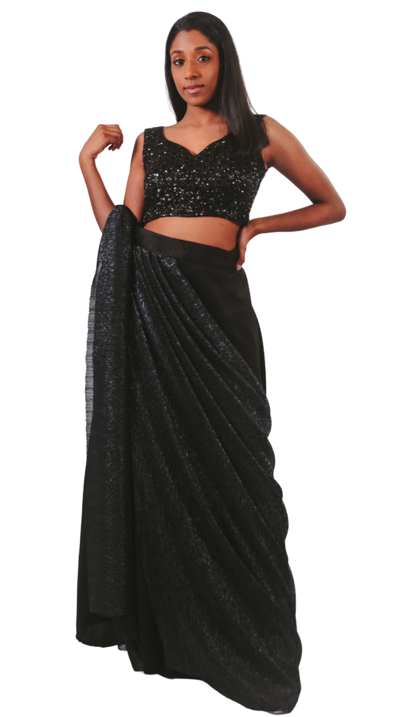 Beaded Black & Navy Pre-Draped Skirt Sari - Preserve