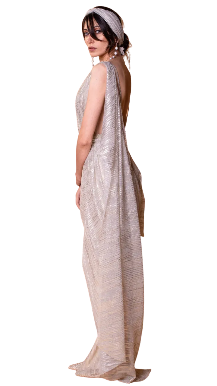 Champagne Metallic Pre-Draped Belted Sari - Preserve