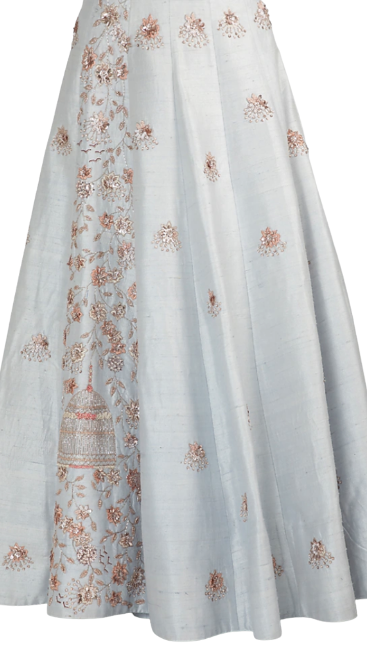 Rose Gold Floral Beaded Powder Blue Lehenga - Preserve