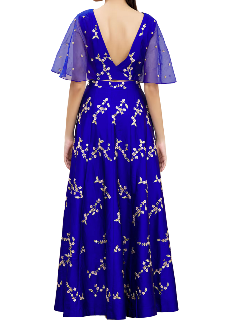 Royal Blue Floral Taffeta Lehenga