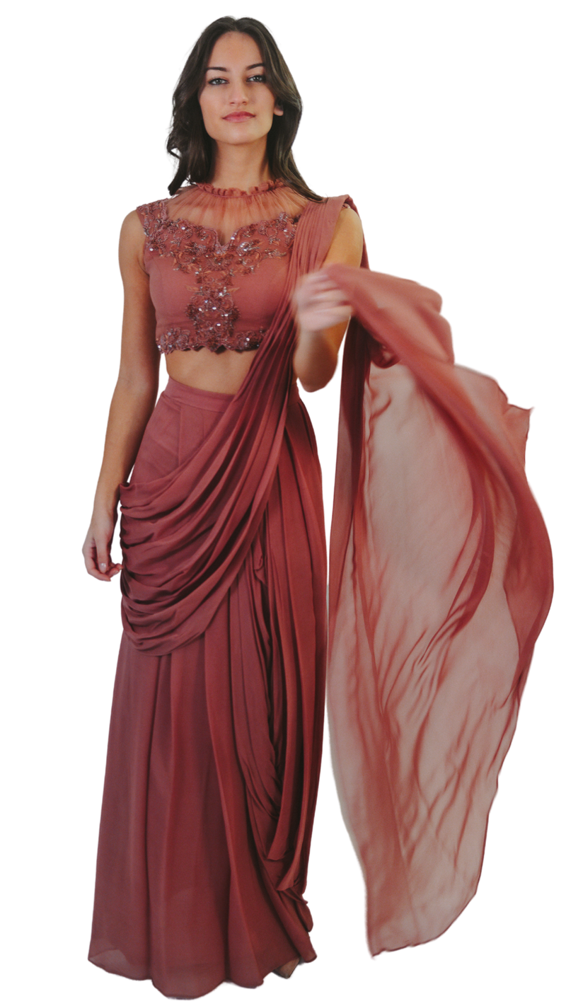 Mauve Embroidered Pre-Draped Sari - Preserve