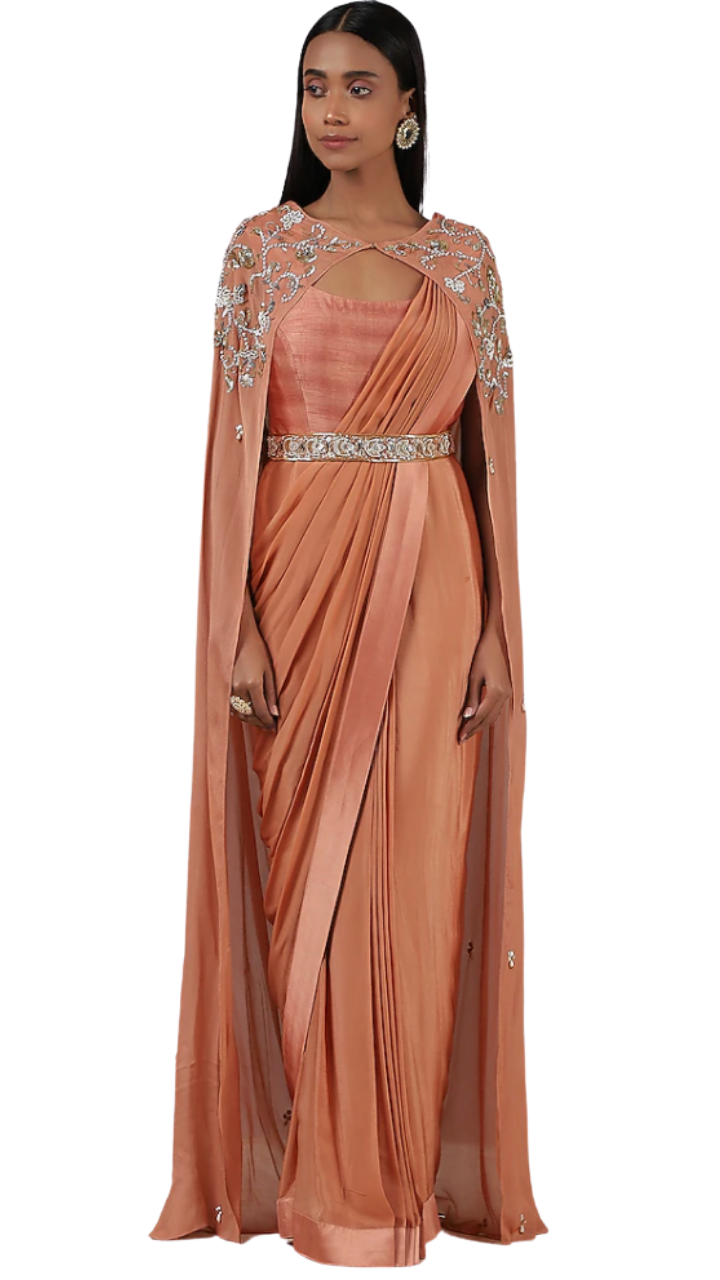 Coral Embellished Pre-Draped Belted Sari Gown - Preserve