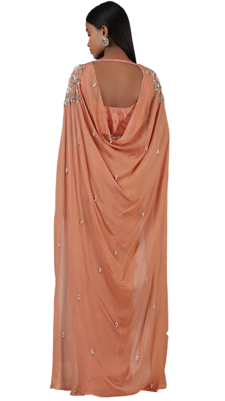 Coral Embellished Pre-Draped Belted Sari Gown - Preserve