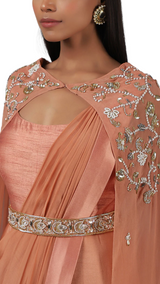 Coral Embellished Pre-Draped Belted Sari Gown - Preserve