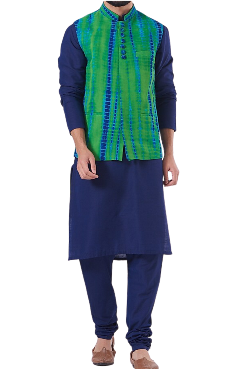 Blue Kurta Set with Tie-dye Nehru Jacket