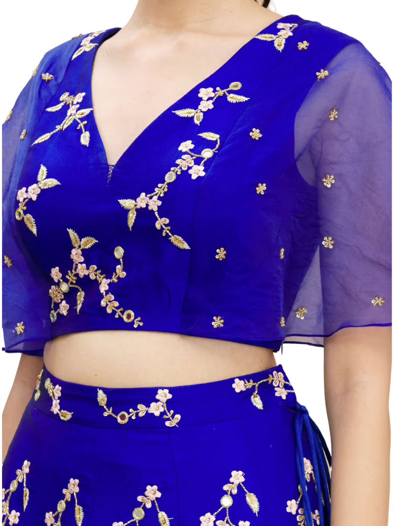 Royal Blue Floral Taffeta Lehenga