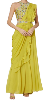 Yellow Embroidered Sharara Set With Drape & Belt - Preserve