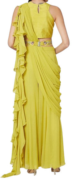 Yellow Embroidered Sharara Set With Drape & Belt - Preserve