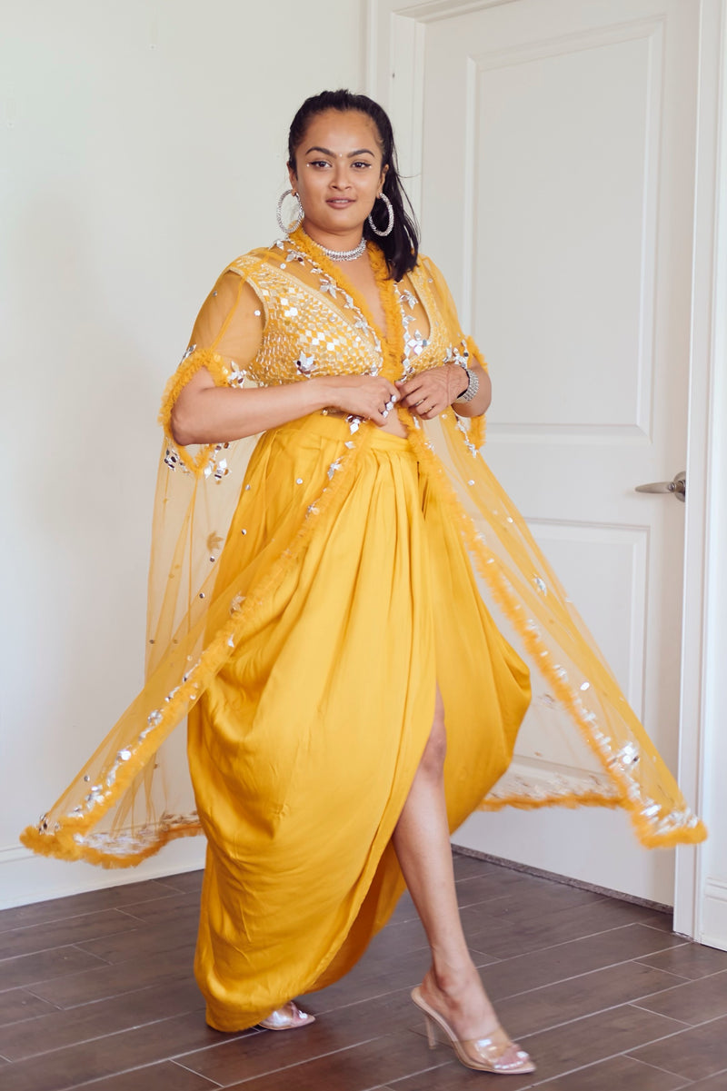 Yellow Mirrored Blouse with Dhoti Skirt & Duster Jacket - Preserve