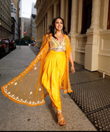 Yellow Mirrored Blouse with Dhoti Skirt & Duster Jacket - Preserve