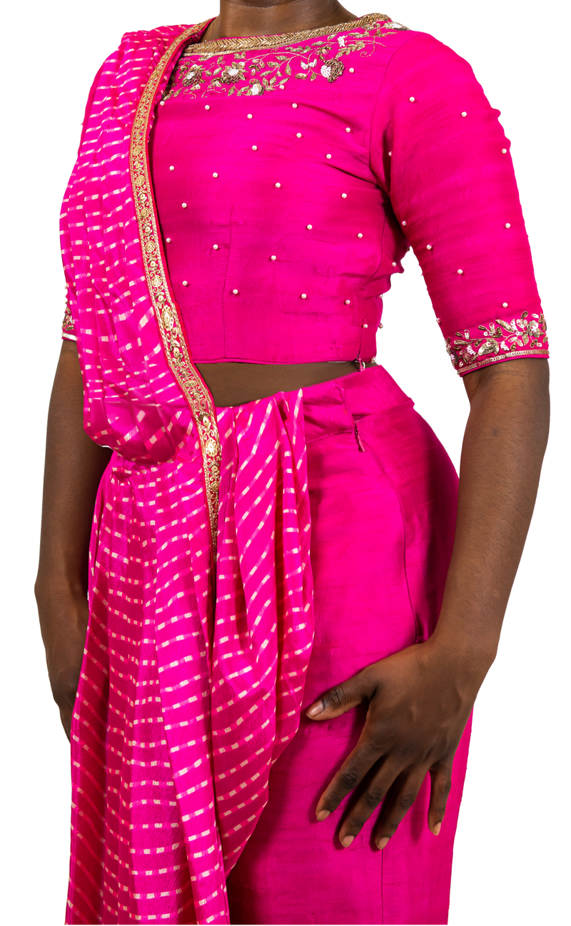 Fuchsia Leheriya Pre-Draped Sari Pant Set