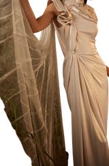 Pearl Ribbon Draped Sari Gown - Preserve