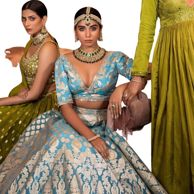 Bright Blue Based Organza Banarasi Lehenga - Preserve