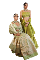 Lime Green Sleeveless Banarasi Lehenga - Preserve